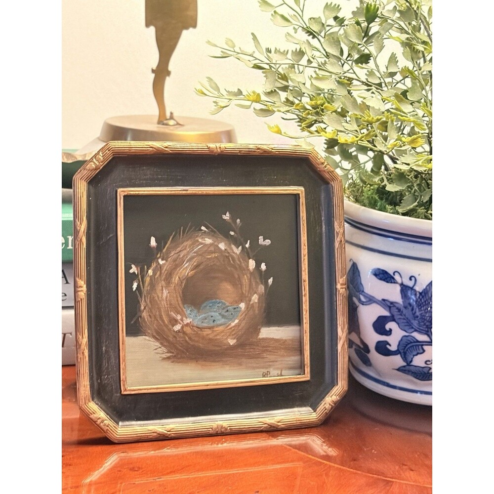Original Oil Painting of Spring Birds Nest, 5.5"x5.5", Signed